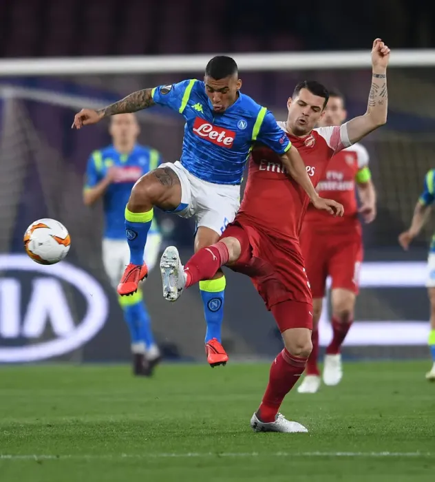 Framed Print : Granit Xhaka vs Allan: Clash in the Europa League Quarterfinals - Napoli vs Arsenal (2018-19) Framed Print : Granit Xhaka vs Allan: Clash in the Europa League Quarterfinals - Napoli vs Arsenal (2018-19)