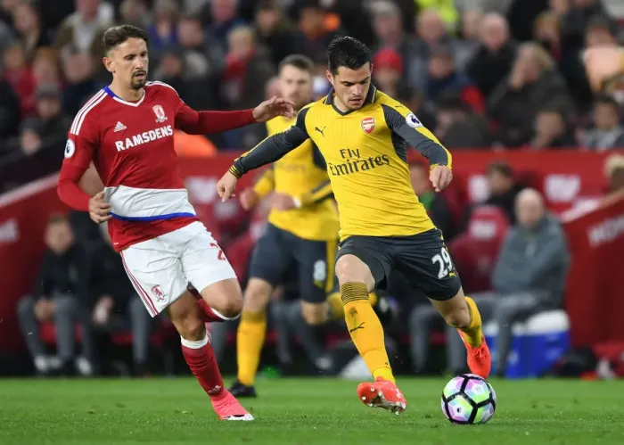 Framed Print : Granit Xhaka vs Gaston Ramirez: Battle in the Midfield - Middlesbrough vs Arsenal, Premier League 2016-17