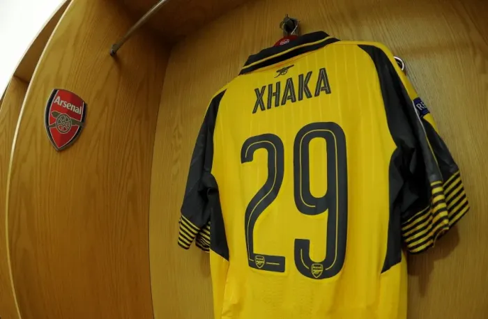 Framed Print : Granit Xhaka's Arsenal Shirt in Arsenal Changing Room Before Arsenal v FC Basel Match (2016-17) Framed Print : Granit Xhaka's Arsenal Shirt in Arsenal Changing Room Before Arsenal v FC Basel Match (2016-17)