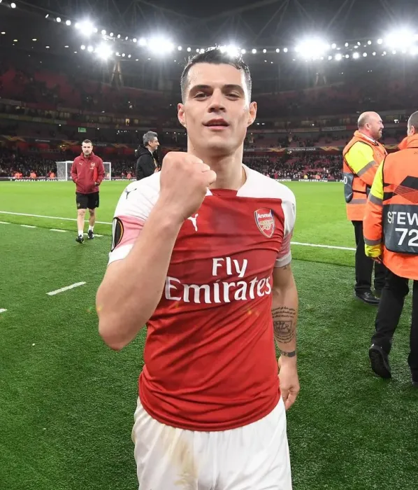 Framed Print : Granit Xhaka's Celebration: Arsenal Secures Europa League Victory over Stade Rennais Framed Print : Granit Xhaka's Celebration: Arsenal Secures Europa League Victory over Stade Rennais