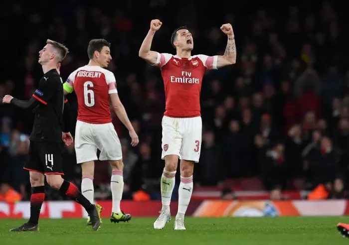 Framed Print : Granit Xhaka's Emotional Celebration: Arsenal Clinch Europa League Victory over Stade Rennais Framed Print : Granit Xhaka's Emotional Celebration: Arsenal Clinch Europa League Victory over Stade Rennais