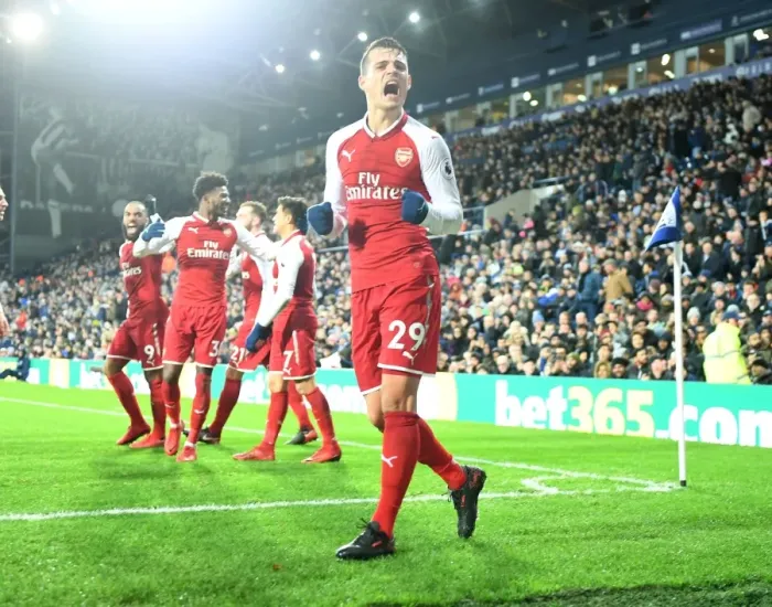 Framed Print : Granit Xhaka's Euphoric Goal Celebration: Arsenal's Triumph over West Bromwich Albion (2017-18) Framed Print : Granit Xhaka's Euphoric Goal Celebration: Arsenal's Triumph over West Bromwich Albion (2017-18)