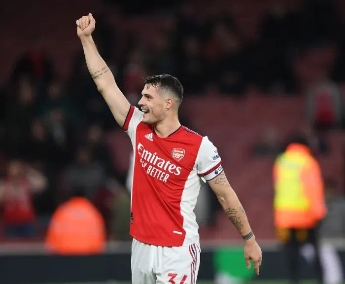 Framed Print : Granit Xhaka's Heartfelt Appreciation: Arsenal's Victory Over West Ham United, Premier League 2021-22