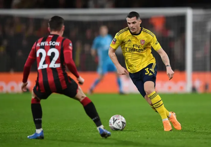 Framed Print : Granit Xhaka's Midfield Masterclass: Arsenal Advances in FA Cup with Win Against AFC Bournemouth