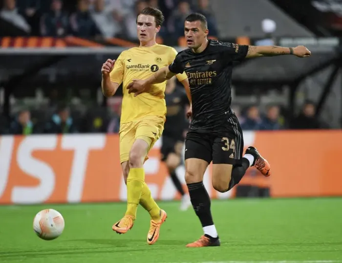 Framed Print : Granit Xhaka's Powerful Surge: Arsenal's Europa League Victory over Bodø / Glimt Framed Print : Granit Xhaka's Powerful Surge: Arsenal's Europa League Victory over Bodø / Glimt