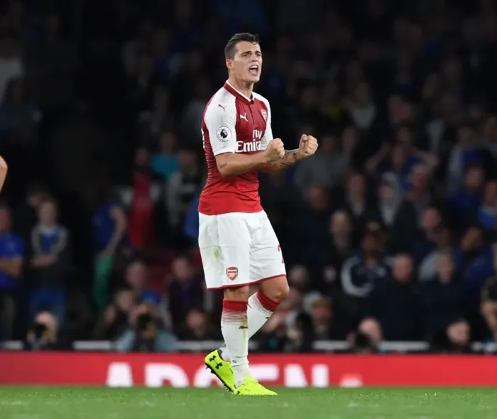 Framed Print : Granit Xhaka's Triumphant Moment: Arsenal's Victory Celebration vs Leicester City, 2017-18 Premier League Framed Print : Granit Xhaka's Triumphant Moment: Arsenal's Victory Celebration vs Leicester City, 2017-18 Premier League