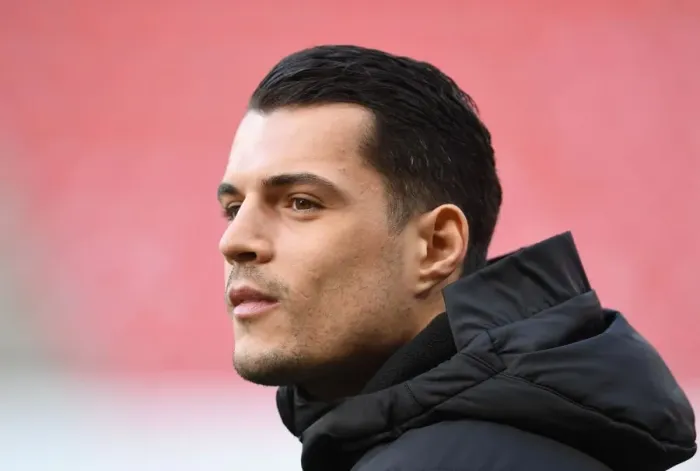 Framed Print : Granit Xhaka's Unwavering Focus: Arsenal's Europa League Showdown at Stade Rennais