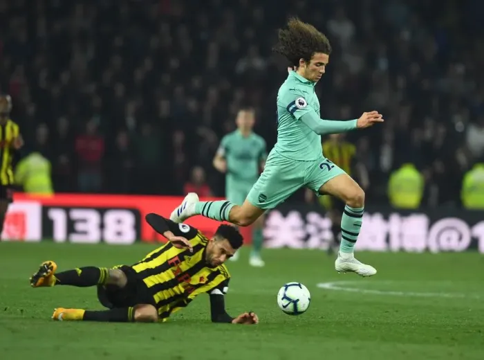 Framed Print : Guendouzi Breaks Past Capoue: Watford vs Arsenal, Premier League 2018-19