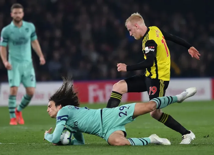 Framed Print : Guendouzi vs Hughes: A Premier League Showdown at Vicarage Road Framed Print : Guendouzi vs Hughes: A Premier League Showdown at Vicarage Road
