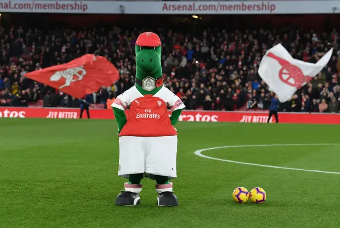 Framed Print : Gunnersaurus: Arsenal's Iconic Mascot Before Arsenal vs. Wolverhampton Wanderers, Premier League 2018-19