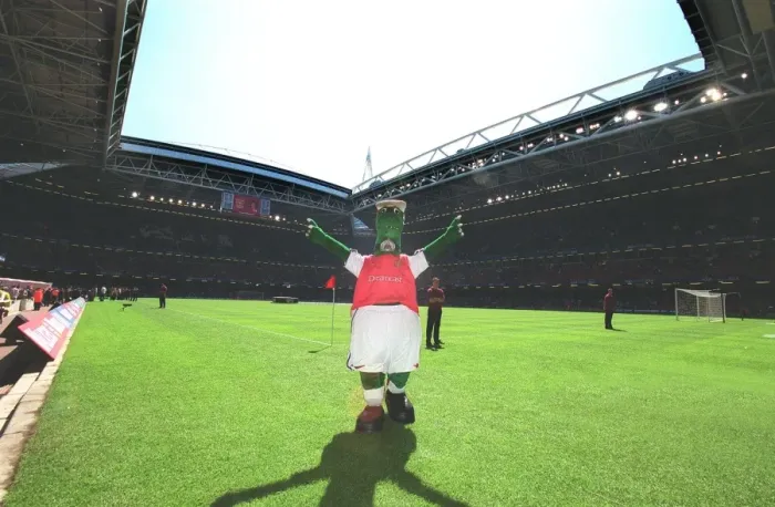 Framed Print : Gunnersaurus on the pitch ath the Millenium Stadium. The AXA F. A
