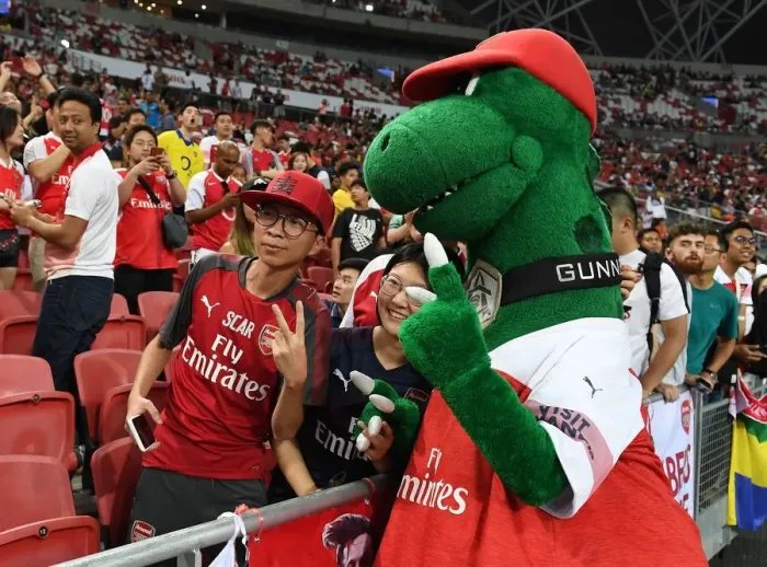 Framed Print : Gunnersuarus: Arsenal's Mascot Gets Ready for Arsenal vs. Paris Saint-Germain International Champions Cup Match in Singapore (2018)