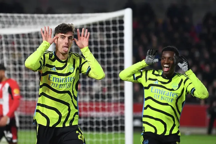 Framed Print : Havertz and Nketiah: Arsenal's Dynamic Duo Celebrate First Goals in Premier League Win Against Brentford