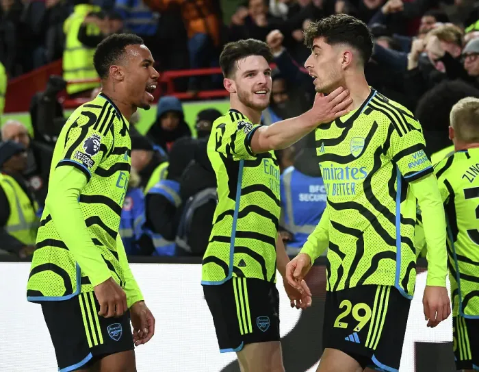 Framed Print : Havertz, Rice, and Magalhaes Celebrate Arsenal's Goal Against Brentford (2023-24)