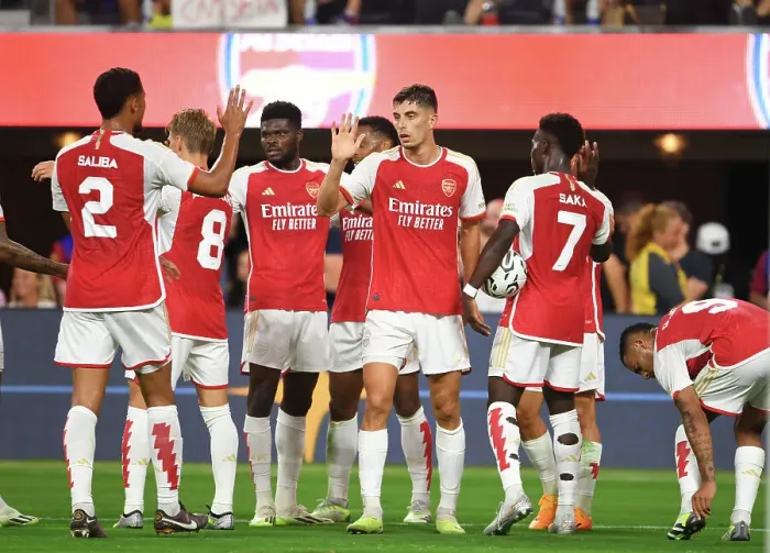 Framed Print : Havertz and Saka's Thrilling Goal Celebration: Arsenal vs. FC Barcelona at SoFi Stadium (2023)