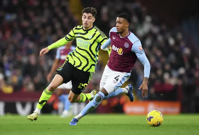 Framed Print : Havertz vs Konsa: Intense Rivalry Unfolds - Aston Villa vs Arsenal FC, Premier League 2023-24