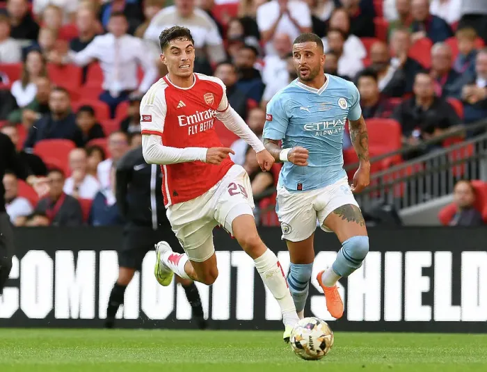 Framed Print : Havertz vs Walker Showdown: Arsenal vs Manchester City in FA Community Shield Battle Framed Print : Havertz vs Walker Showdown: Arsenal vs Manchester City in FA Community Shield Battle