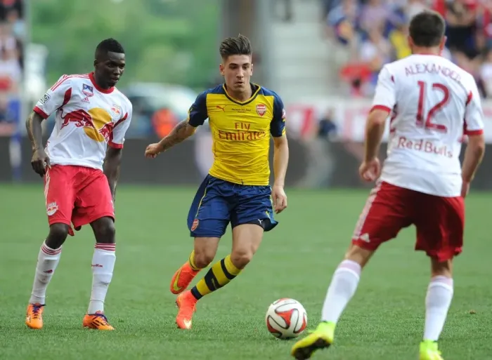 Framed Print : Hector Bellerin (Arsenal) Ambroise Oyongo and Eric Alexander (Red Bulls). New York Red Bulls 1