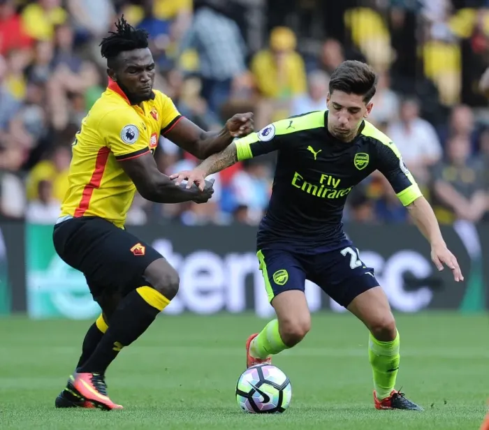 Framed Print : Hector Bellerin (Arsenal) Isaac Success (Watford). Watford 1: 3 Arsenal. Premier League Framed Print : Hector Bellerin (Arsenal) Isaac Success (Watford). Watford 1: 3 Arsenal. Premier League