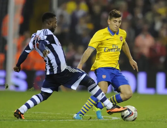 Framed Print : Hector Bellerin (Arsenal) Stephane Sessegnon (WBA). West Bromwich Albion 1: 1 Arsenal