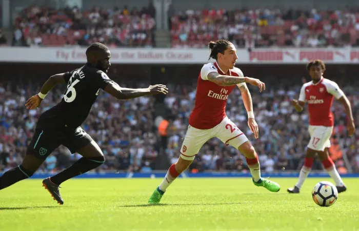 Framed Print : Hector Bellerin: Arsenal's Defensive Powerhouse in Action Against West Ham United, Premier League 2017-18 Framed Print : Hector Bellerin: Arsenal's Defensive Powerhouse in Action Against West Ham United, Premier League 2017-18