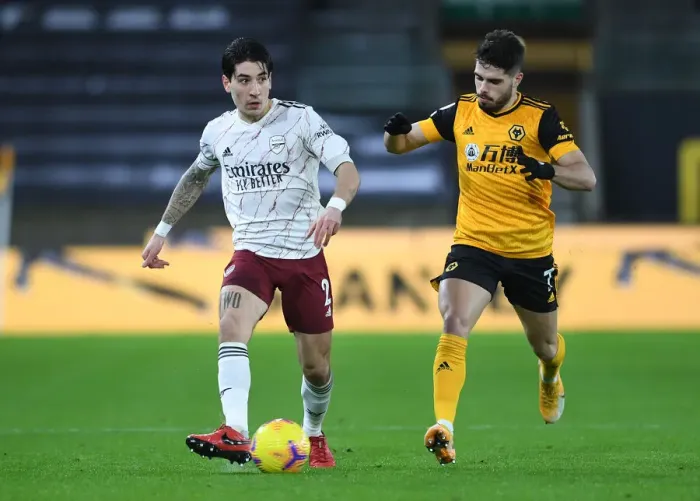 Framed Print : Hector Bellerin Faces Pressure from Pedro Neto: Wolverhampton Wanderers vs Arsenal, Premier League 2020-21