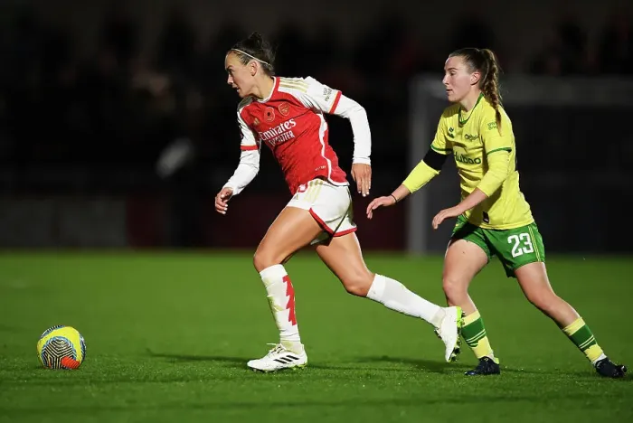Framed Print : Intense Battle: Arsenal Women vs. Bristol City Women in FA WSL Cup Match