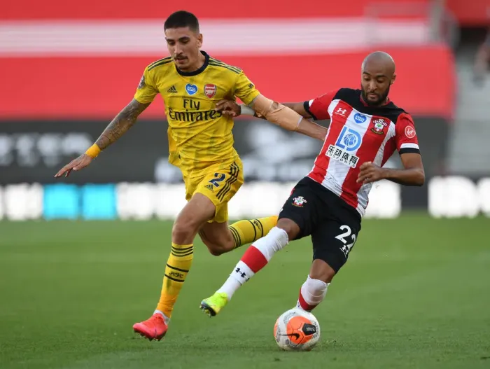 Framed Print : Intense Battle: Hector Bellerin's Determined Tackle on Nathan Redmond - Southampton vs Arsenal (2019-20) Framed Print : Intense Battle: Hector Bellerin's Determined Tackle on Nathan Redmond - Southampton vs Arsenal (2019-20)