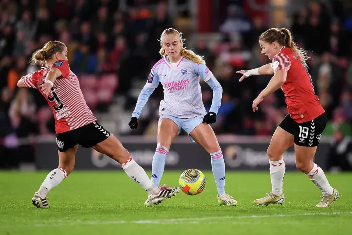 Framed Print : Intense Battle for Possession: Arsenal vs. Southampton - FA Women's Continental Tyres League Cup Clash Framed Print : Intense Battle for Possession: Arsenal vs. Southampton - FA Women's Continental Tyres League Cup Clash