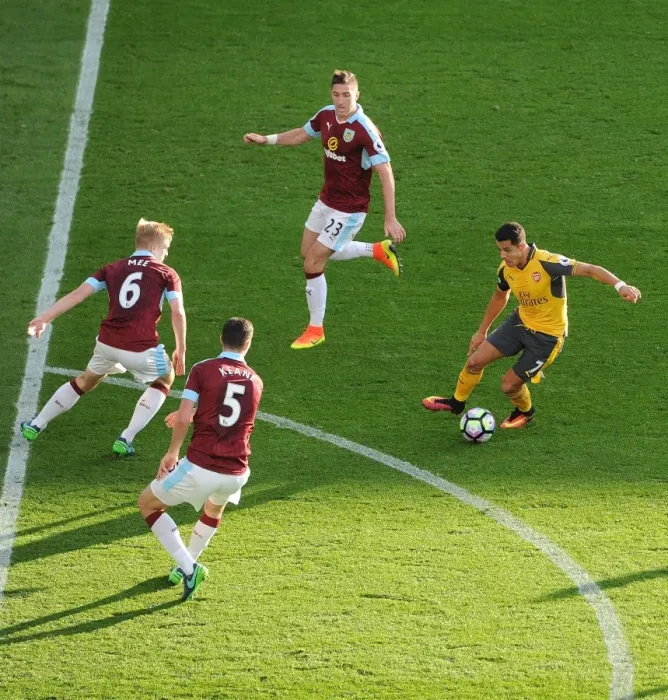 Framed Print : Intense Battle: Sanchez vs. Burnley's Defenders - Sanchez Under Pressure (2016-17)