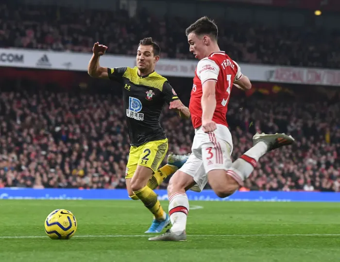 Framed Print : Intense Battle: Tierney vs. Soares in Arsenal vs. Southampton Clash Framed Print : Intense Battle: Tierney vs. Soares in Arsenal vs. Southampton Clash