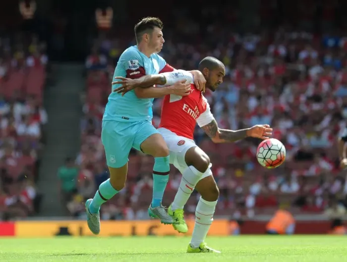 Framed Print : Intense Battle: Walcott vs. Cresswell - Arsenal vs. West Ham Football Rivalry Framed Print : Intense Battle: Walcott vs. Cresswell - Arsenal vs. West Ham Football Rivalry