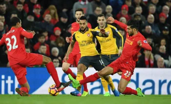 Framed Print : Intense Battle: Walcott vs. Liverpool's Defense - Walcott Takes on Matip and Can at Anfield, Premier League 2016-17