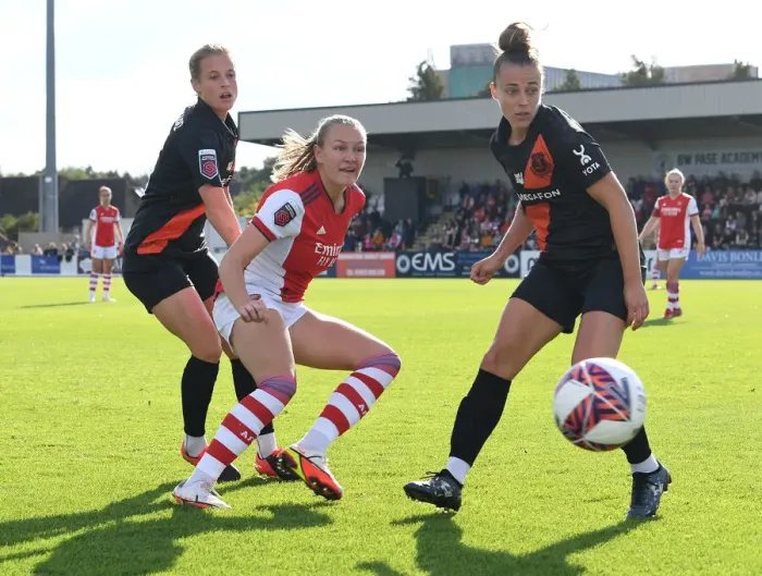 Framed Print : Intense Clash: Arsenal Women's Frida Maanum Fends Off Everton Pressure in FA WSL Match Framed Print : Intense Clash: Arsenal Women's Frida Maanum Fends Off Everton Pressure in FA WSL Match