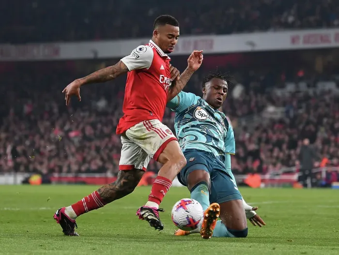 Framed Print : Intense Clash: Gabriel Jesus vs. Bella-Kotchap in the Premier League Showdown between Arsenal and Southampton Framed Print : Intense Clash: Gabriel Jesus vs. Bella-Kotchap in the Premier League Showdown between Arsenal and Southampton