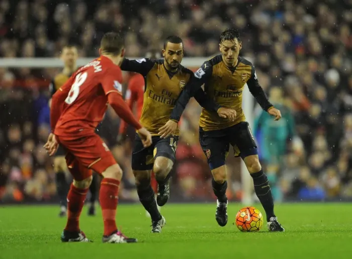Framed Print : Intense Clash: Mesut Ozil vs. Theo Walcott, Liverpool vs. Arsenal, Premier League 2015-16 Framed Print : Intense Clash: Mesut Ozil vs. Theo Walcott, Liverpool vs. Arsenal, Premier League 2015-16