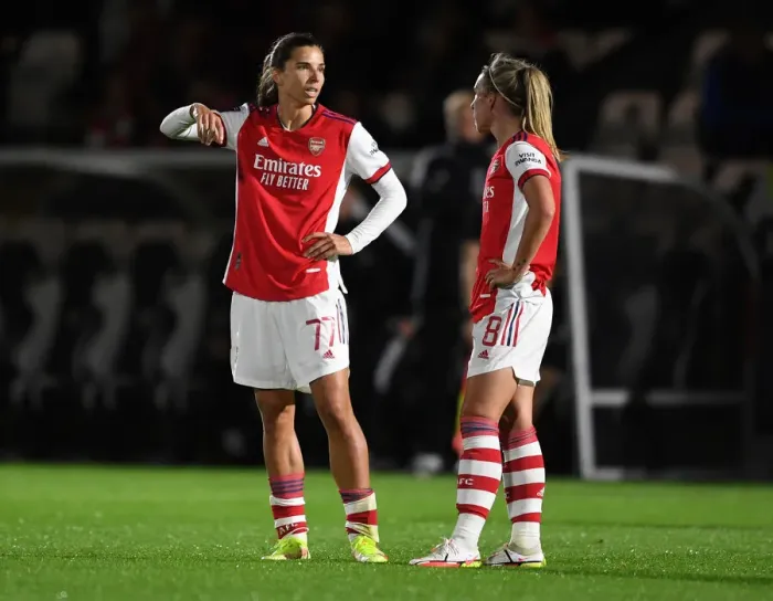 Framed Print : Intense Conversation: Tobin Heath and Jordan Nobbs Discuss Strategy During Arsenal Women's FA Cup Quarterfinals vs. Tottenham Hotspur Women