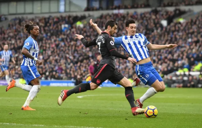 Framed Print : Intense Face-Off: Mkhitaryan vs. Dunk in Premier League Clash between Arsenal and Brighton Framed Print : Intense Face-Off: Mkhitaryan vs. Dunk in Premier League Clash between Arsenal and Brighton