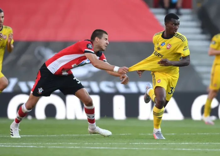 Framed Print : Intense Face-Off: Nketiah vs Bednarek in Southampton's Premier League Showdown Framed Print : Intense Face-Off: Nketiah vs Bednarek in Southampton's Premier League Showdown