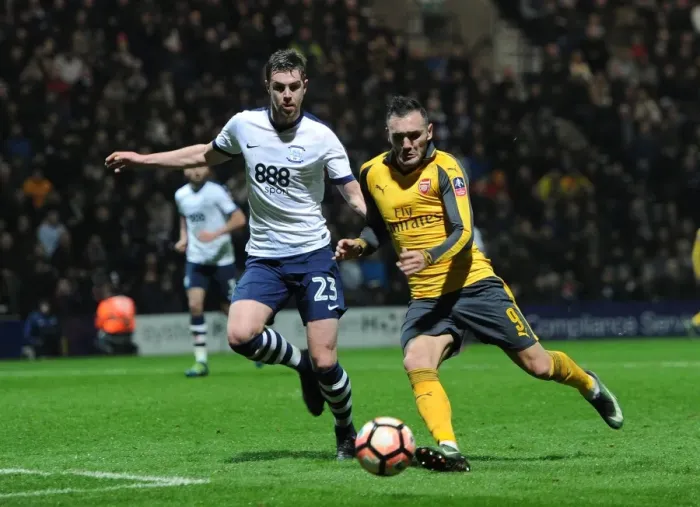 Framed Print : Intense Face-Off: Perez vs Huntington in FA Cup Battle between Preston and Arsenal