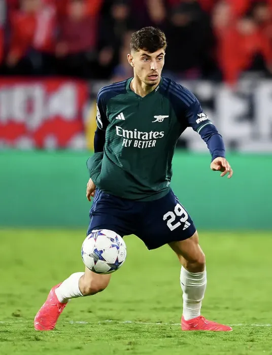 Framed Print : Intense Focus: Kai Havertz's Unwavering Gaze at Sevilla's Estadio Ramon Sanchez Pizjuan during Arsenal's 2023-24 Champions League Clash