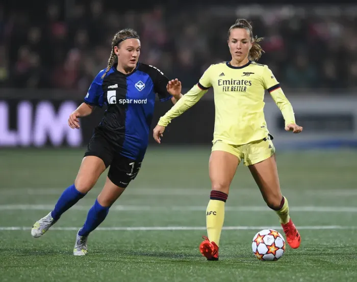 Framed Print : Intense Moment: Lia Walti Battles Under Pressure in Arsenal Women's UEFA Champions League Clash vs. HB Koge
