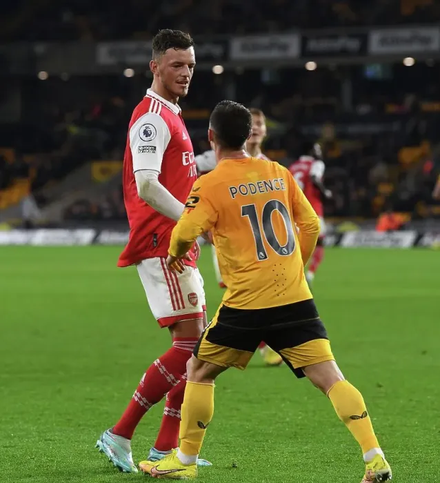 Framed Print : Intense Rivalry: Ben White vs. Daniel Podence Clash in Arsenal vs. Wolverhampton Premier League Showdown (November 2022)