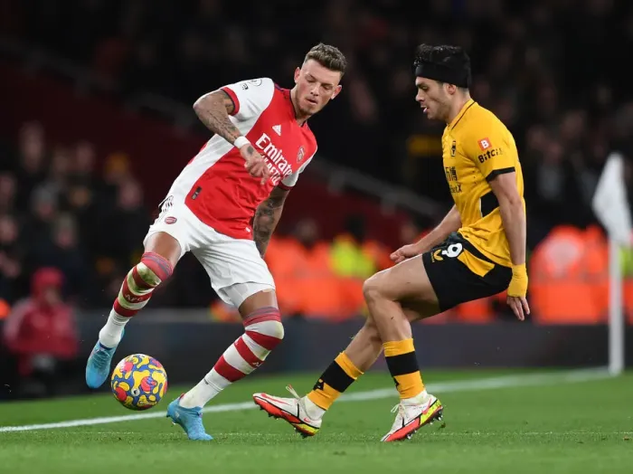 Framed Print : Intense Rivalry: Ben White vs. Raul Jimenez - Arsenal vs. Wolverhampton Wanderers: A Premier League Battle
