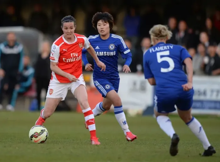 Framed Print : Intense Rivalry: Chelsea Ladies vs. Arsenal Ladies in WSL Action - Natalia Pablos Sanchon vs. Ji So Yun