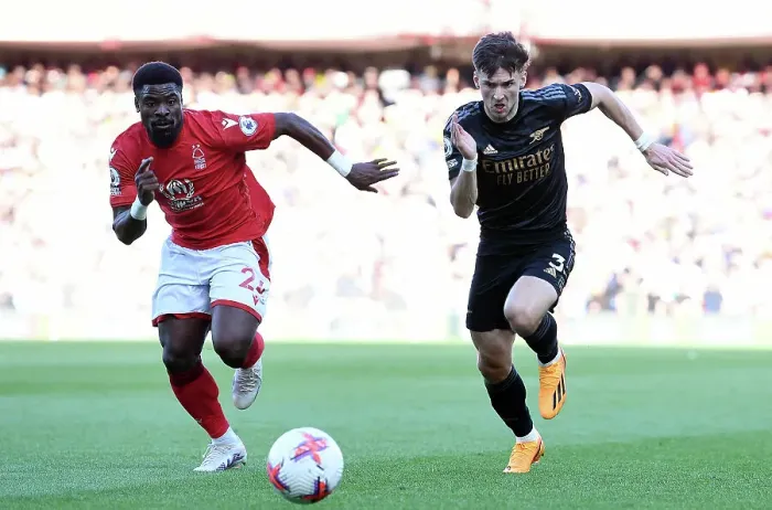 Framed Print : Intense Rivalry: Kieran Tierney vs. Serge Aurier - Arsenal vs. Nottingham Forest Showdown