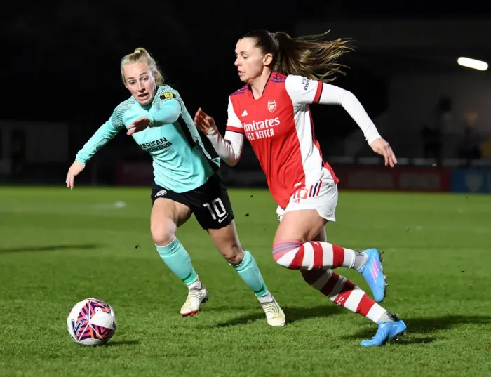 Framed Print : Intense Rivalry: Noelle Maritz vs. Inessa Kaagman Battle at Arsenal Women vs Brighton Hove Albion FA WSL Clash