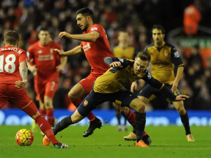 Framed Print : Intense Rivalry: Ramsey vs. Can - Liverpool vs. Arsenal, Premier League 2015-16: A Battle of Midfield Masters Framed Print : Intense Rivalry: Ramsey vs. Can - Liverpool vs. Arsenal, Premier League 2015-16: A Battle of Midfield Masters