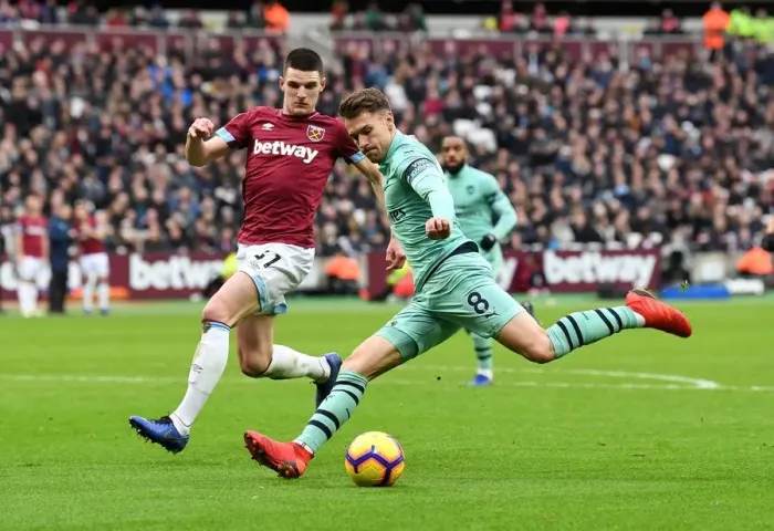 Framed Print : Intense Rivalry: Ramsey vs. Rice in the London Derby - West Ham United vs. Arsenal FC Framed Print : Intense Rivalry: Ramsey vs. Rice in the London Derby - West Ham United vs. Arsenal FC