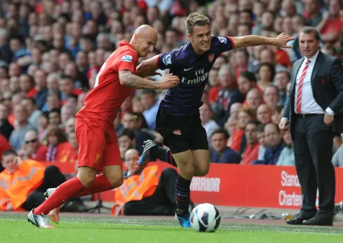 Framed Print : Intense Rivalry: Ramsey vs. Shelvey Clash at Anfield - Premier League 2012-13